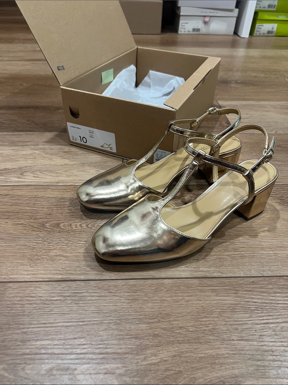 J. Crew Metallic Gold T-Strap Block Heel Sandals